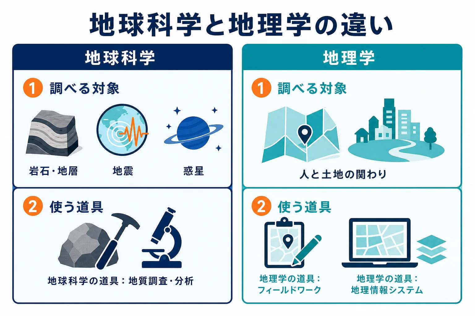 地球科学と地理学を、調べる対象と使う道具で比べた図解