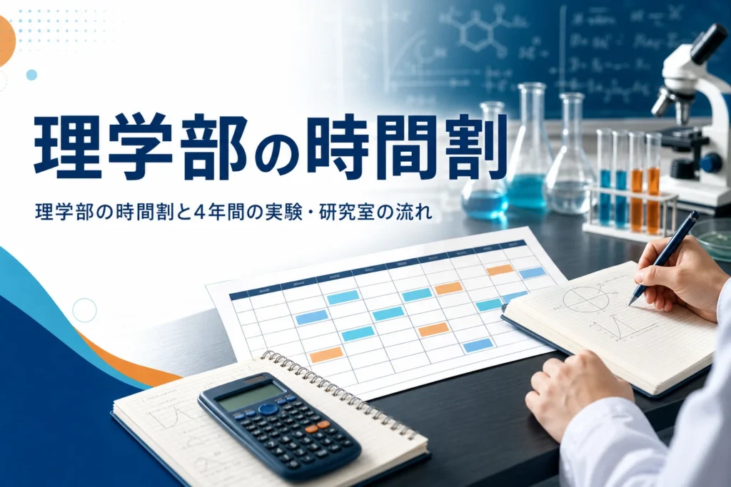 理学部の時間割と、実験・レポート・研究室を含む4年間の流れを紹介する記事のアイキャッチ