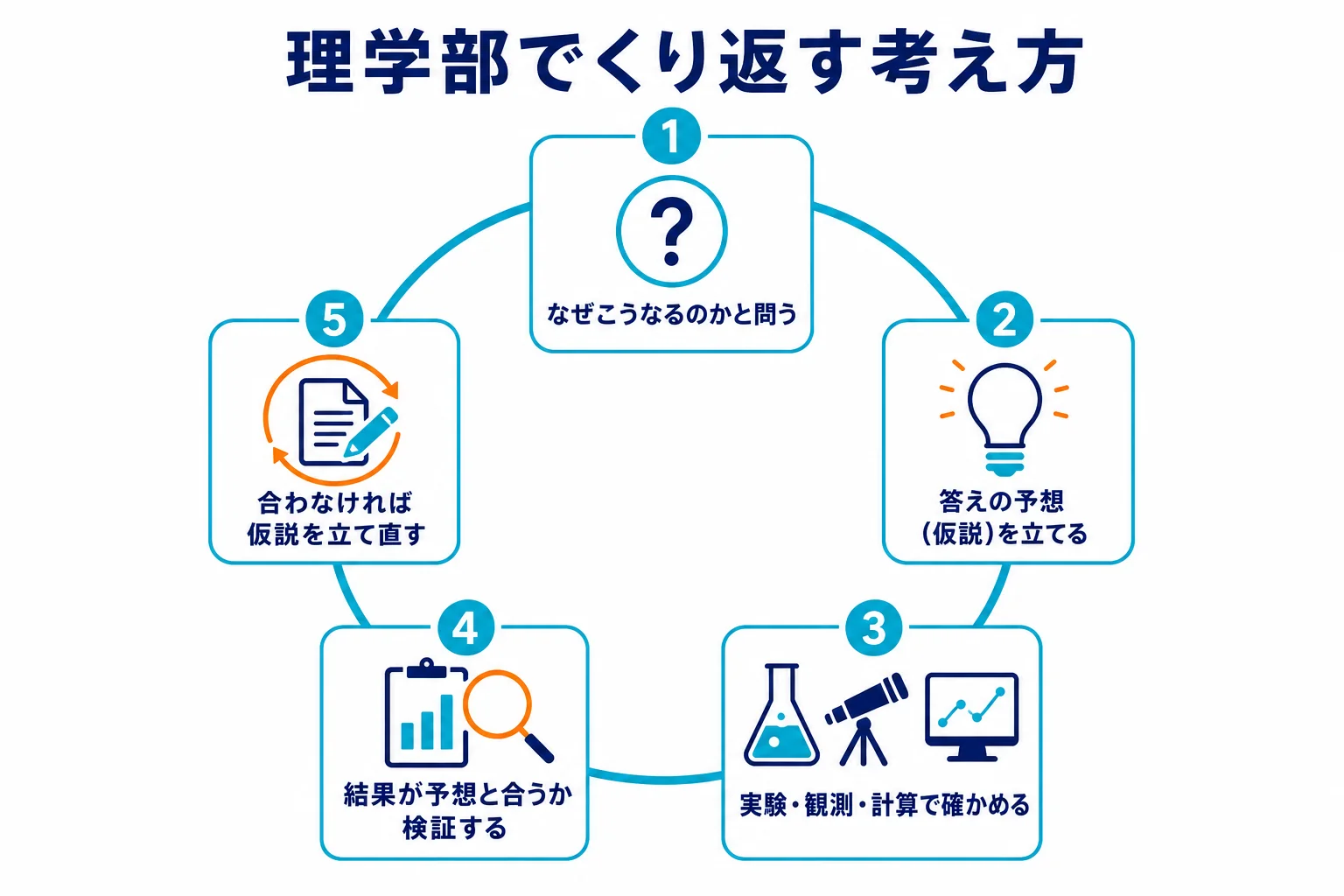 理学部でくり返す、問い・仮説・実験や計算・検証・立て直しの流れを輪の形で示した図解