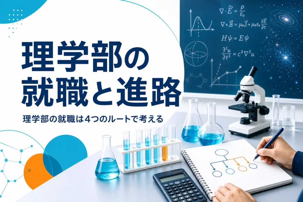 理学部の就職先と進路を、大学院・教員・企業・公務員の4つのルートで紹介する記事のアイキャッチ