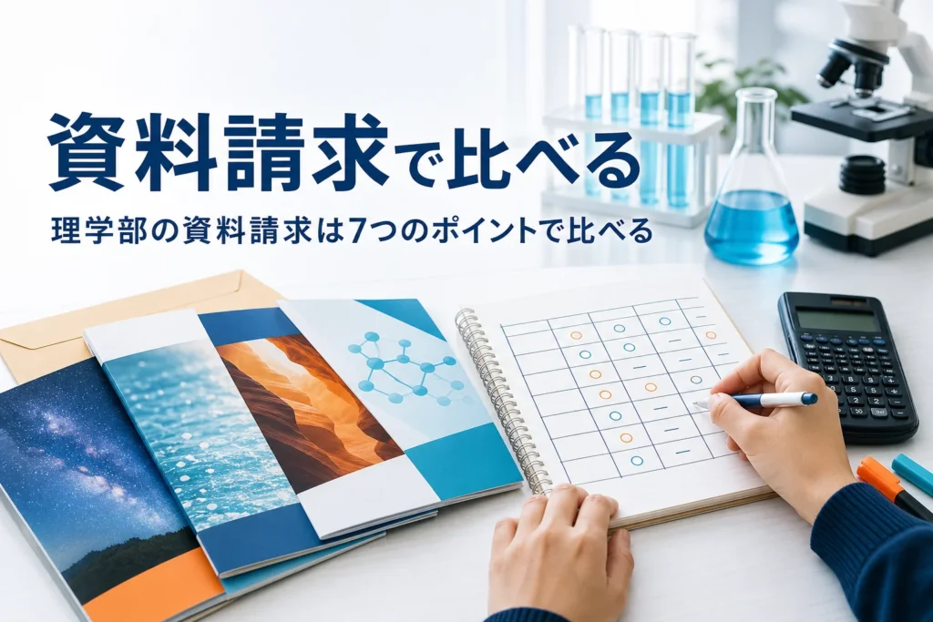 理学部の資料請求で、取り寄せた大学の資料を7つのポイントで比べる方法を紹介する記事のアイキャッチ